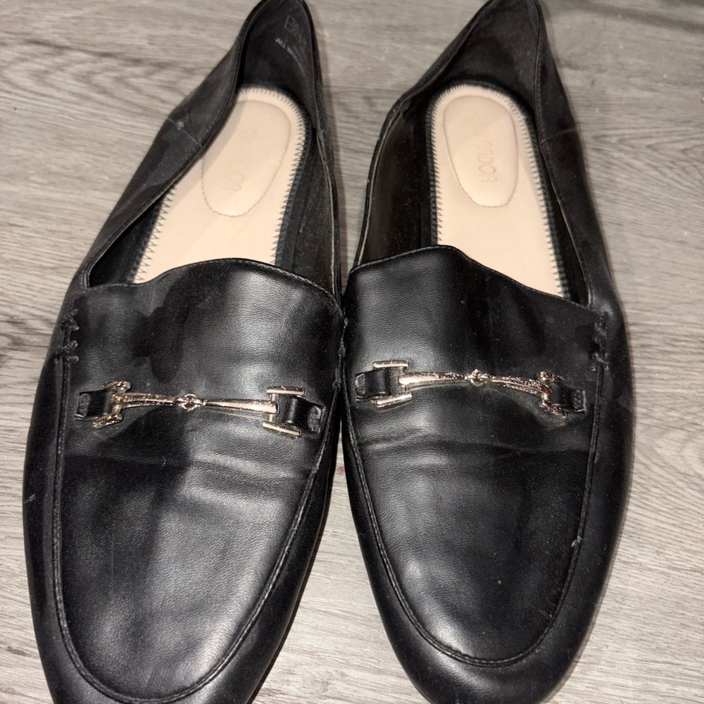Black Leather Loafers with Silver Buckle